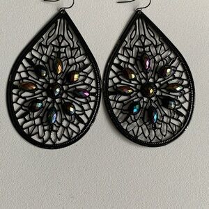 Elegant Black Teardrop Earrings with Aurora Borealis stones.